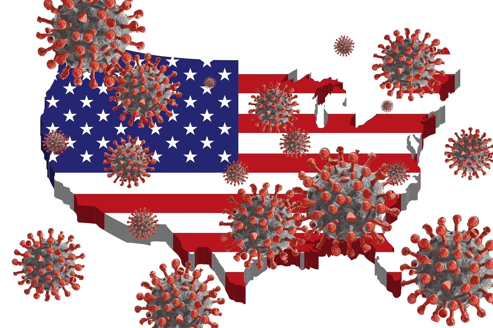 Stylized coronavirus balls raining down on a red, white and blue United States.