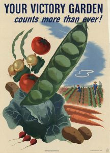 Old-style WWII propaganda poster with images of vegetables. Text reads: Your Victory Garden counts more than ever!