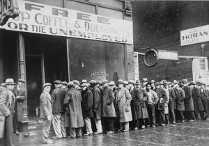 Vintage image of unemployed men standing in line for free soup, coffee, and doughnuts.