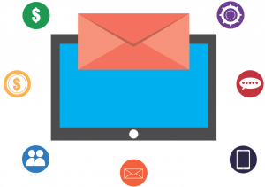 Graphic of email marketing, with dollar signs; image by 905513, via Pexels.com.