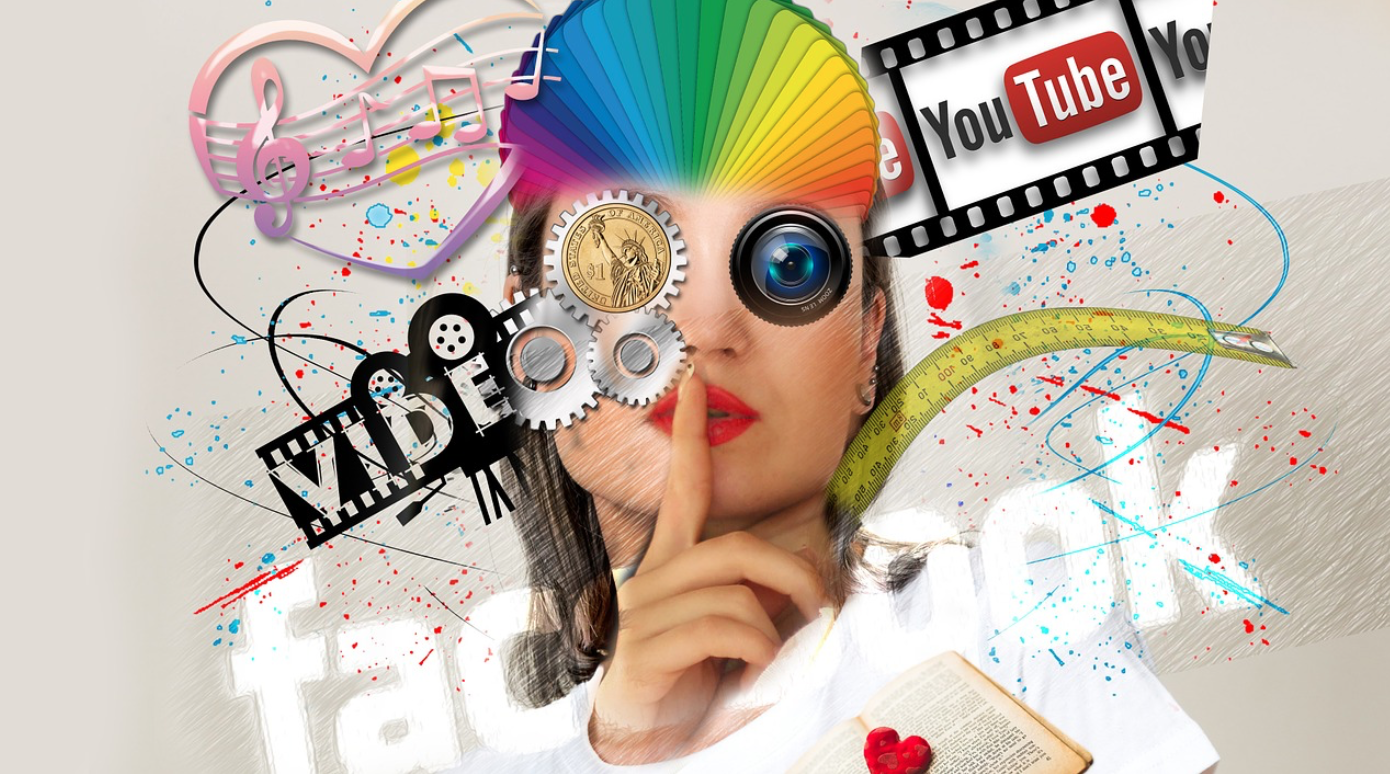 Collage of a woman’s face, a camera lens, and various social media symbols; image by Geralt, via Pixabay.com.