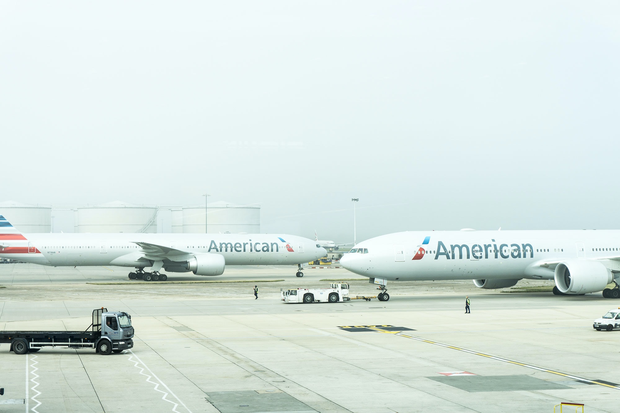 Two American Airlines planes at London Heathrow Airport; image by Damian Hutter, via Unsplash.com.