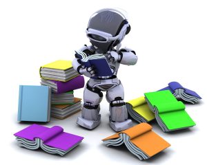 3D Render of robot with books by kjpargeter, via Freepik.com.