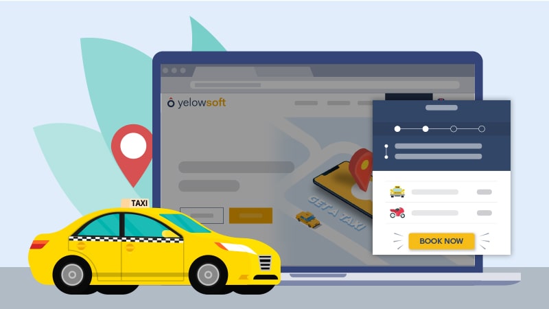 Graphic depicting a taxi, a laptop, and a "Book Now" window courtesy of author.