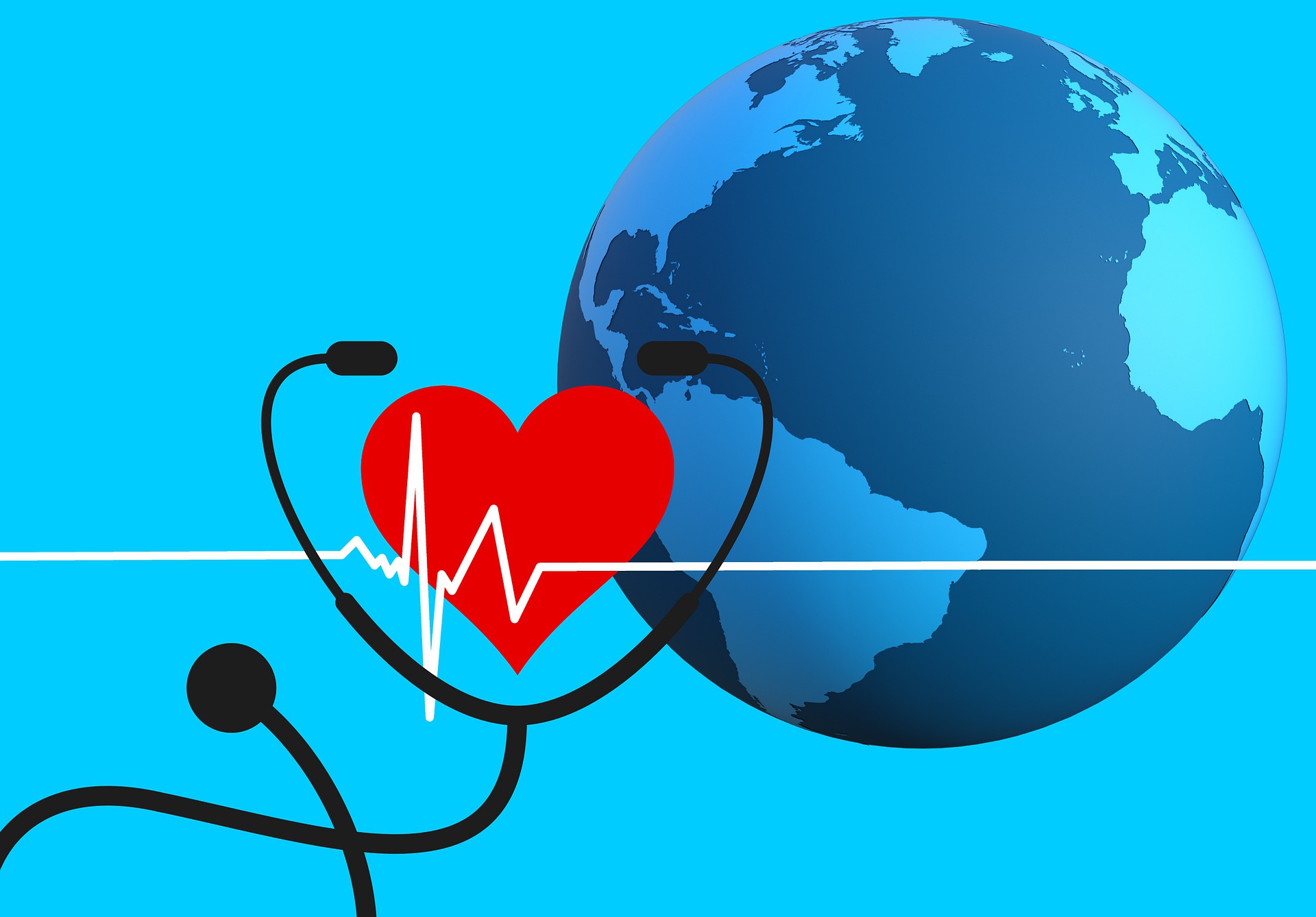 Graphic of Earth with a heart, stethoscope, and EKG wave; graphic by Tumisu, via Pixabay.com.