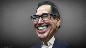 This caricature of Steven Mnuchin was adapted from a photo in the public domain from FEMA. Image by DonkeyHotey, via Flickr, CC BY 2.0, no changes.