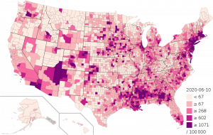 A map of the United States showing COVID infection rates by county.