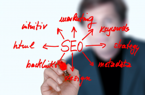 Man writing marketing/SEO strategy on a clear surface in red ink; image by geralt, via Pixabay.com.