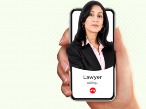 Woman holding cellphone with "Calling Lawyer" on the screen and a picture of a lawyer; image courtesy of author.