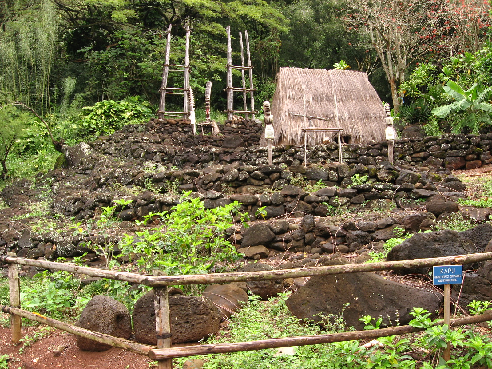 Historic botanical garden including stone terraces and a thatched structure.