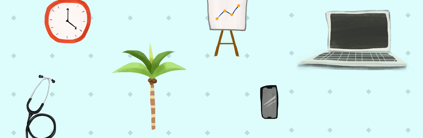 Banner showing clock, computer, cell phone, palm tree, stethoscope, and chart depicting various aspects of employee costs. Graphic courtesy of author.