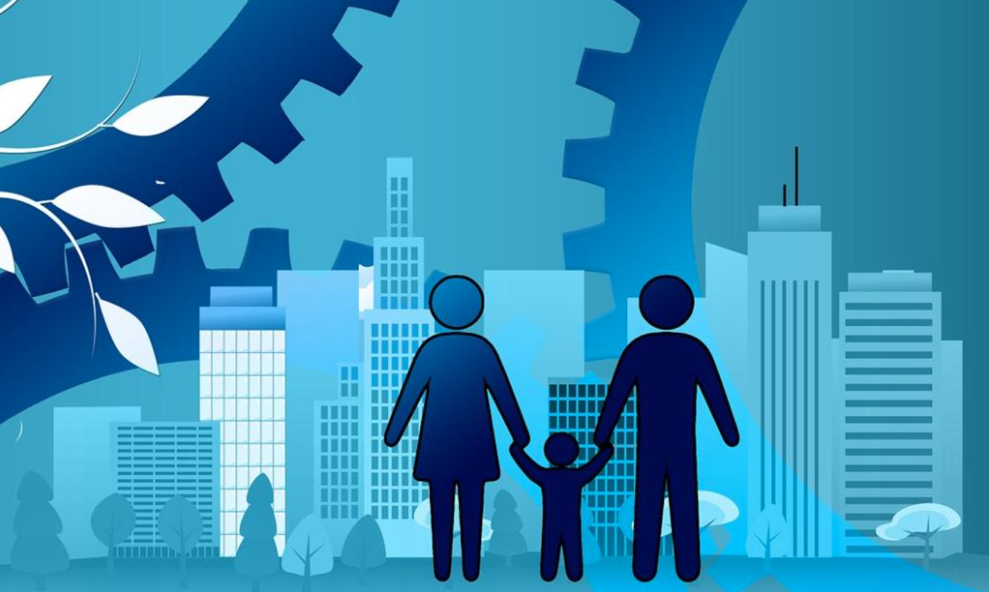 Silhouette of family against graphic of city surrounded by gears; image by Geralt, via Pixabay.com.