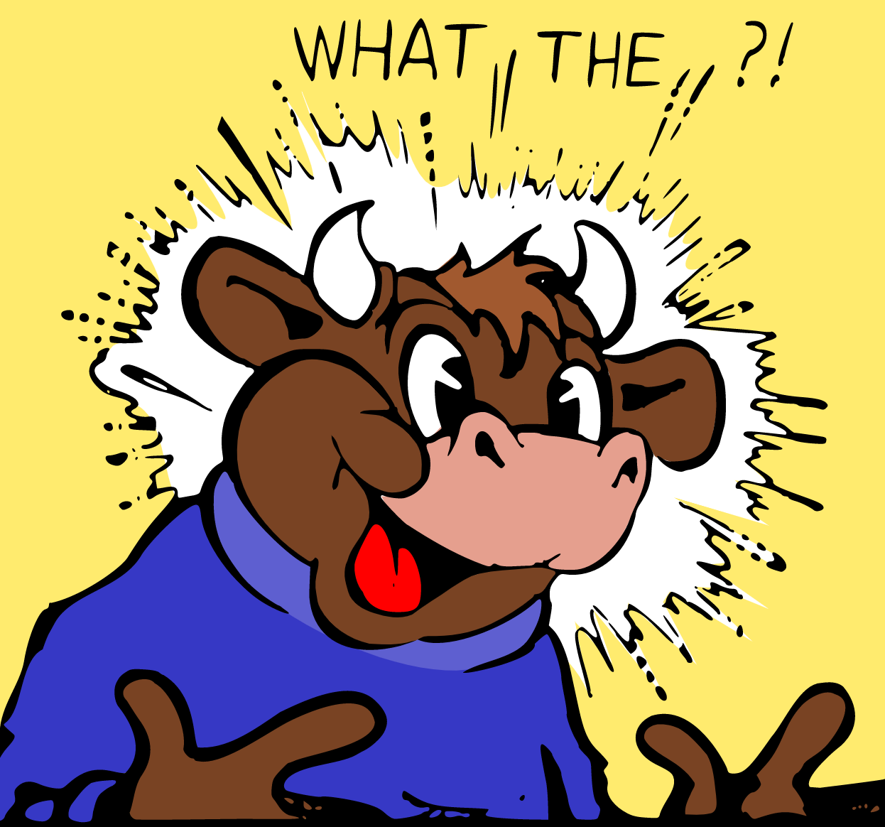 Cartoon cow in sweater saying, “What the…?” Image by OpenClipart, via FreeSVG.com, CC0 Public Domain.