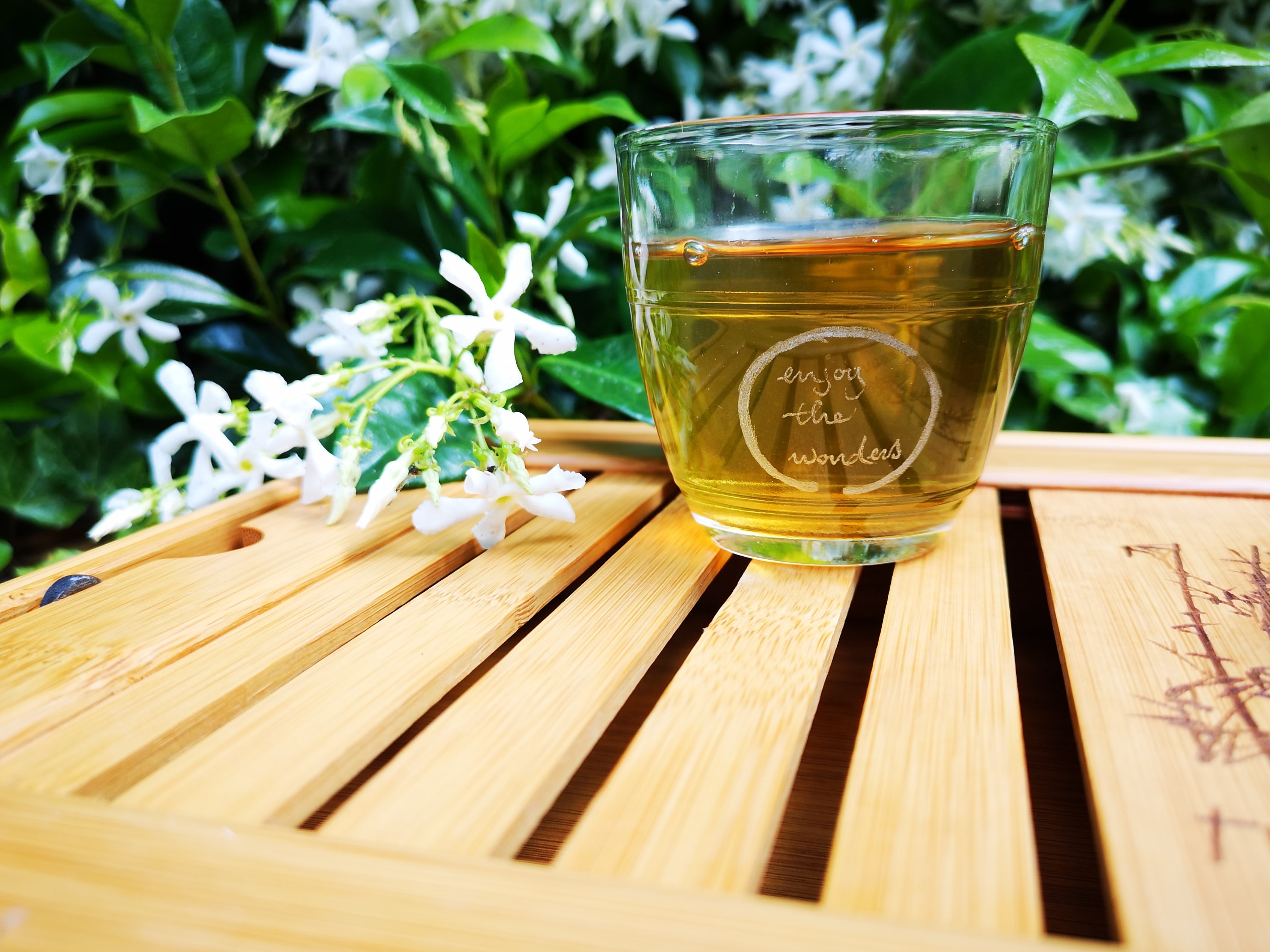 Cup of green tea in clear glass with “Enjoy the Wonders” inscribed, sitting on wooden tray. Image by Verena Böttcher, via Unsplash.com.