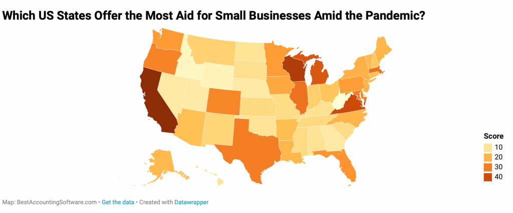 Which US States Offer the Most Aid for Small Businesses Amid the Pandemic; map by BestAccountingSoftware.com. 