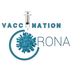 Image of a vaccination syringe pointed into a stylized coronavirus particle, with the words "Vaccination Corona".