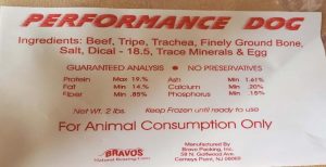 Label for recalled Bravo Packing dog food