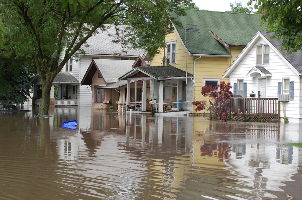 A tree-lined suburban American street with two-story family homes, only it's under several feet of water.