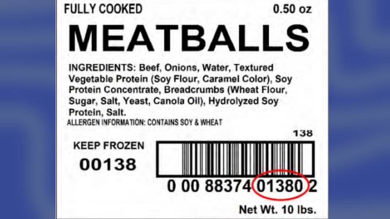Label of recalled meatballs