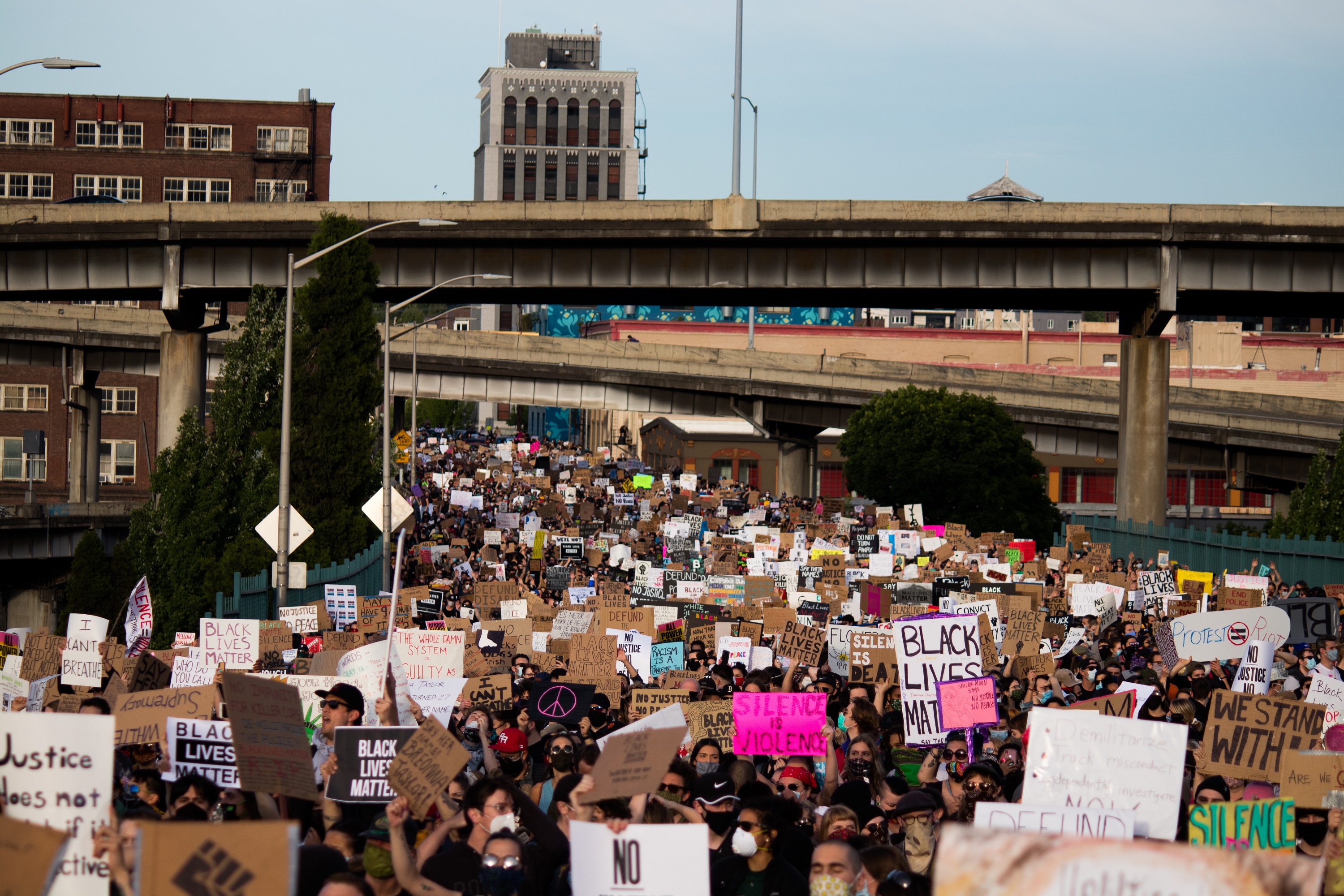 An extremely large crowd holding Black Lives Matter protest signs marches on a freeway.