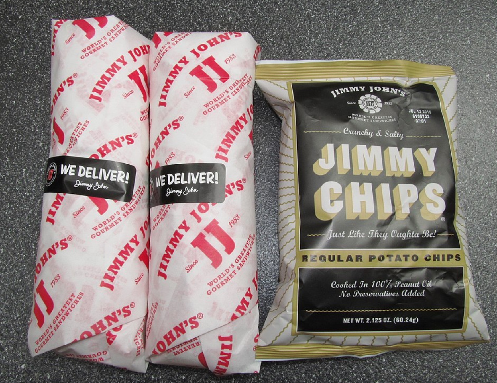 Jimmy John's sandwiches and chips; image by Willis Lam, CC BY-SA 2.0, via Wikimedia Commons.