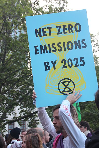 Protest sign which reads, "Net zero emissions by 2025".