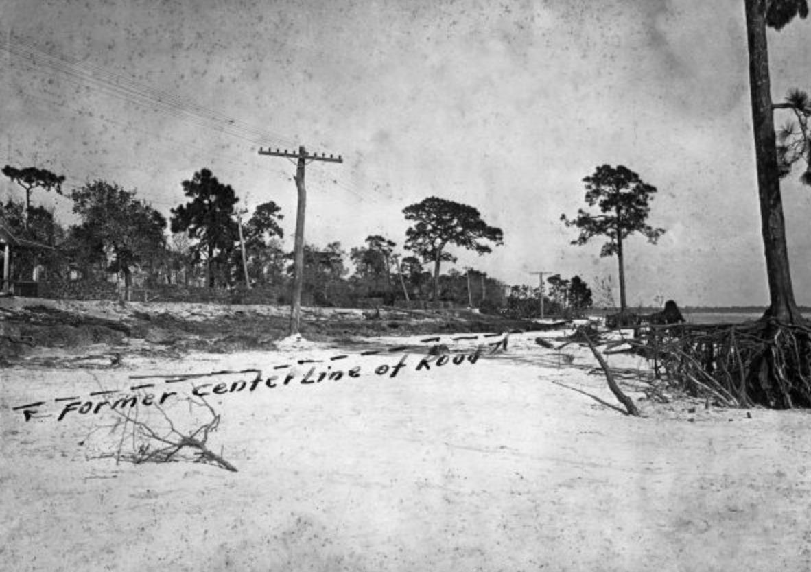 A road washed out in Pinellas County; image by State Library and Archives of Florida, Public domain, via Wikimedia Commons.