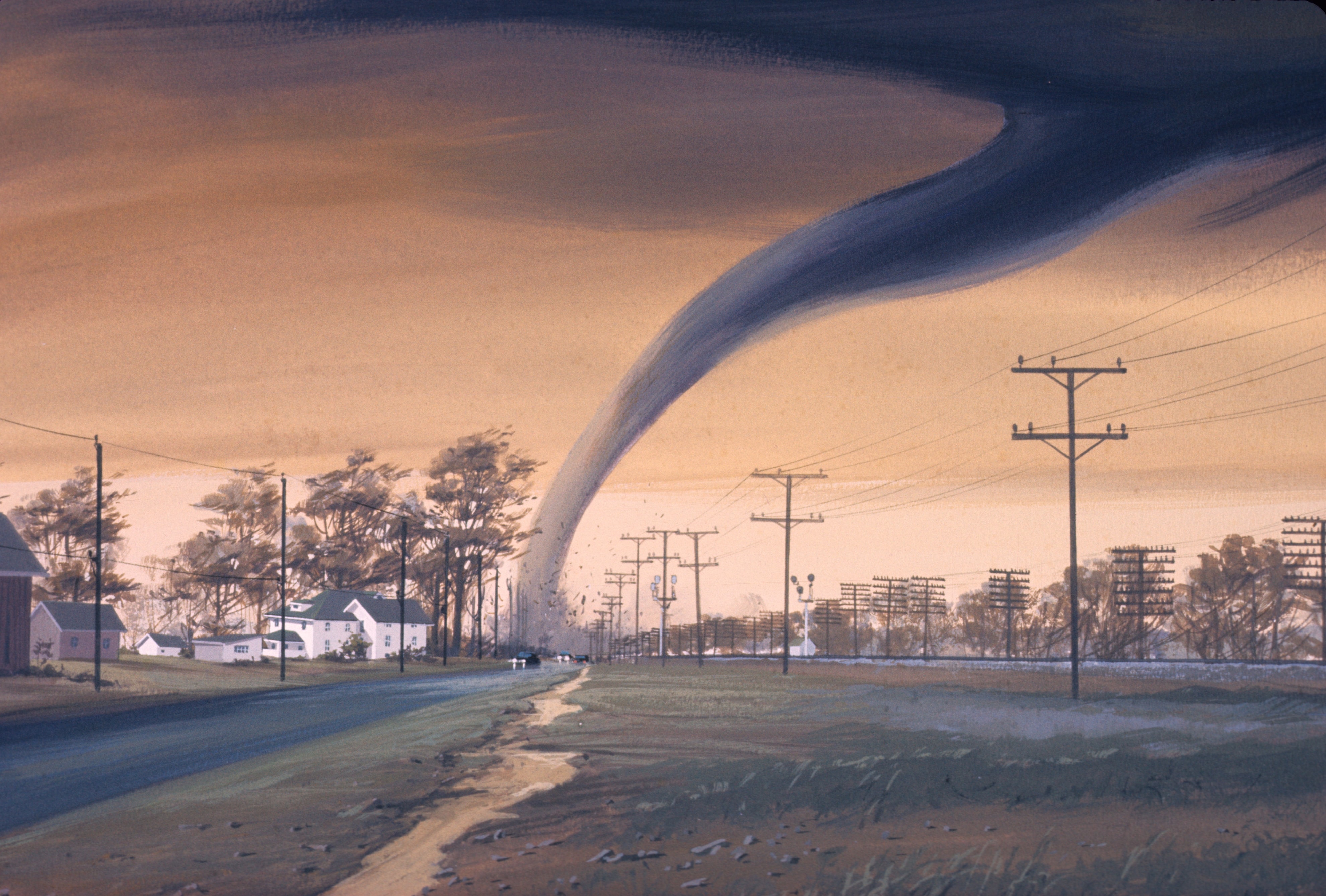 Artist's rendering of tornado in residential area; image by NOAA, via Unsplash.com.