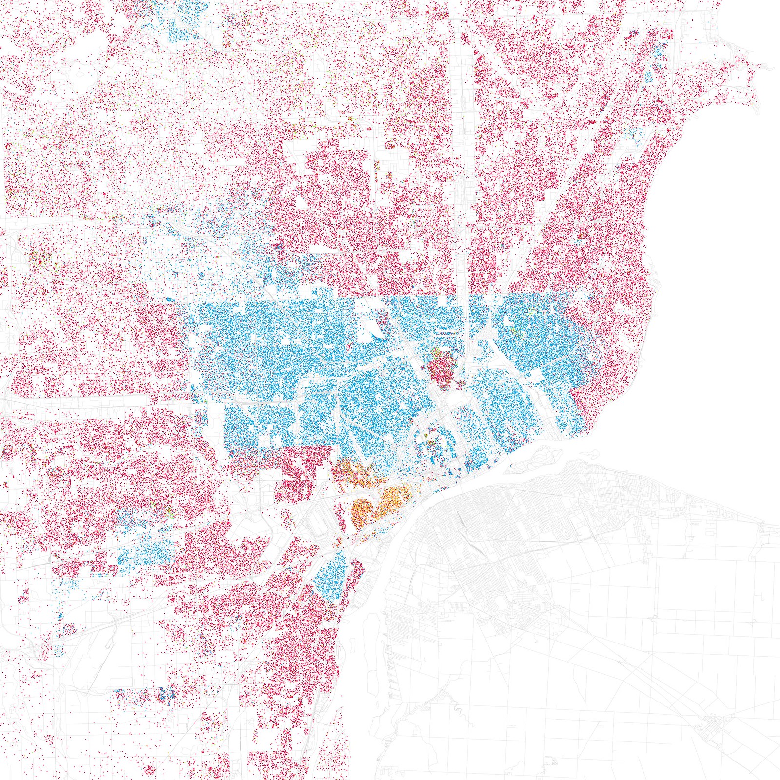 A map of Detroit, overlaid by dots that represent demographic groups.