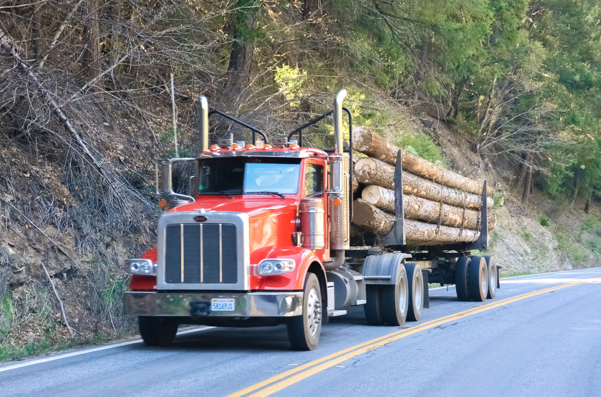 Log truck on the road; image by Jeremy Bezanger, via Unsplash.com.