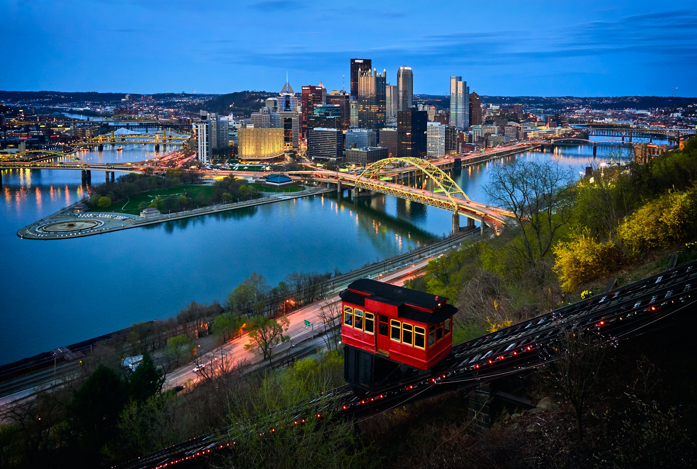 Pittsburgh by night, Duquesne Incline in front; image by Vidar Nordli-Mathisen, via Unsplash.com.