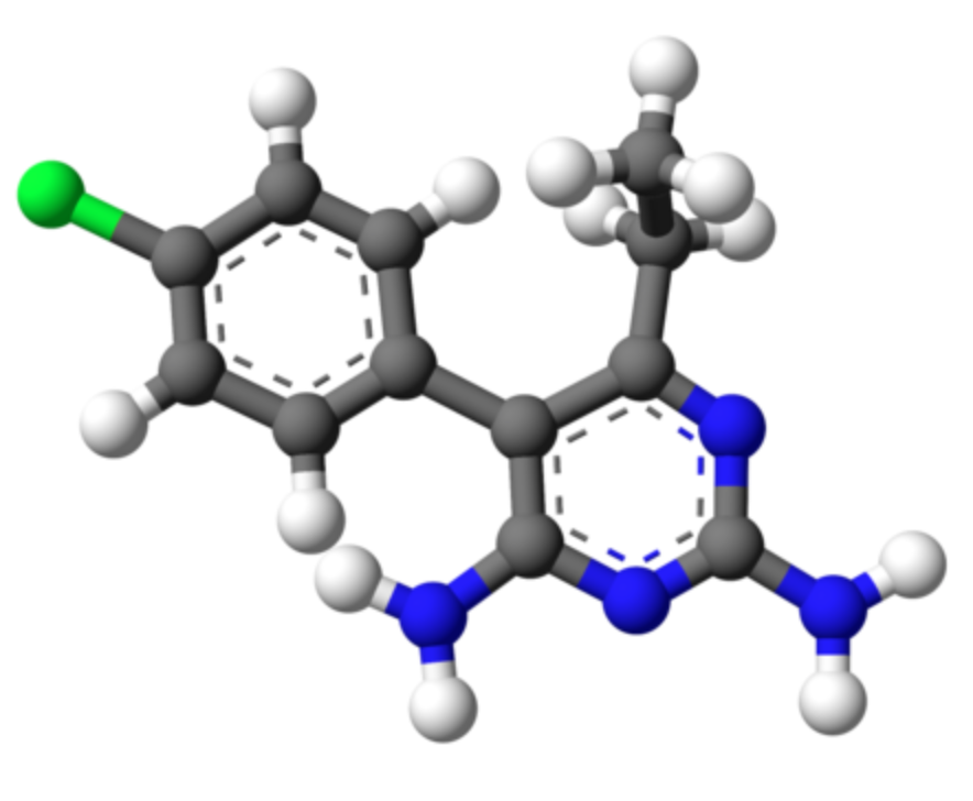 Pyrimethamine (generic of Daraprim) molecular structure; graphic by DFliyerz, CC BY-SA 4.0, via Wikimedia Commons, no changes.