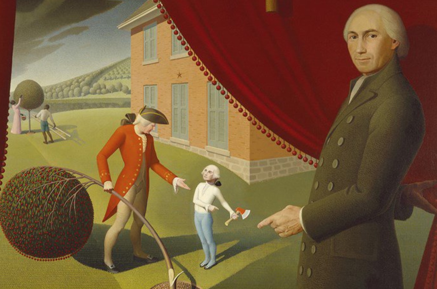 Painting depicting Parson Weems and his famous story of George Washington and the Cherry Tree; image by Grant Wood, Public domain, via Wikimedia Commons.