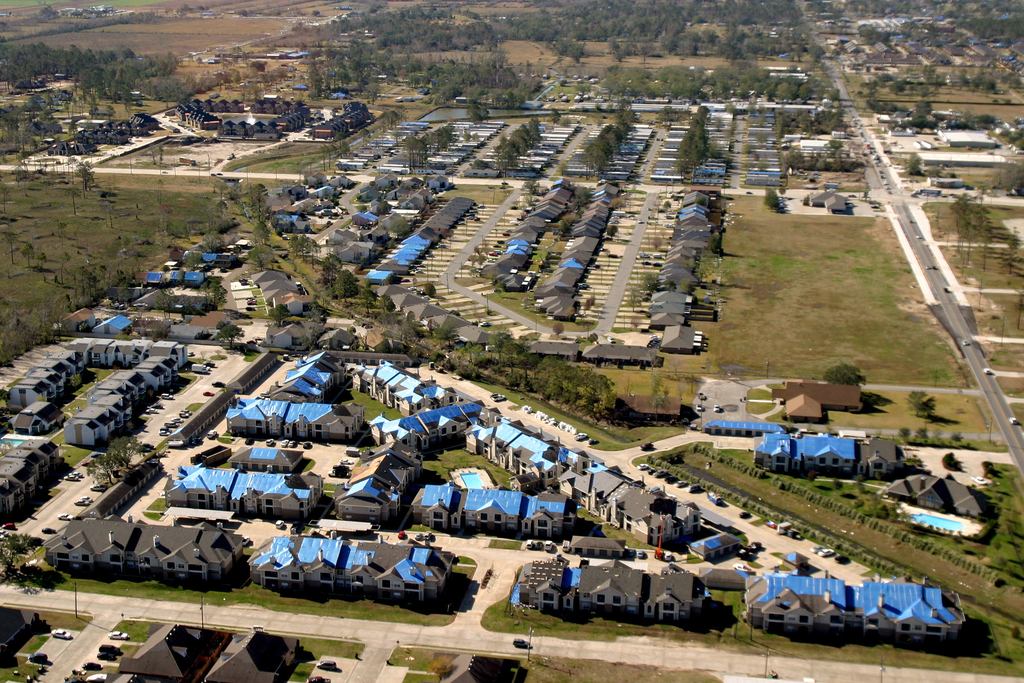 Lake Charles, LA January 18, 2006 - Blue roofs still dot the aerial landscape in southwest Louisiana, evidence of Hurricane Rita's power when she struck almost four months ago. Photo by Greg Henshall / FEMALake Charles, LA January 18, 2006 - Blue roofs still dot the aerial landscape in southwest Louisiana, evidence of Hurricane Rita's power when she struck almost four months ago. Photo by Greg Henshall / FEMA, public domain.