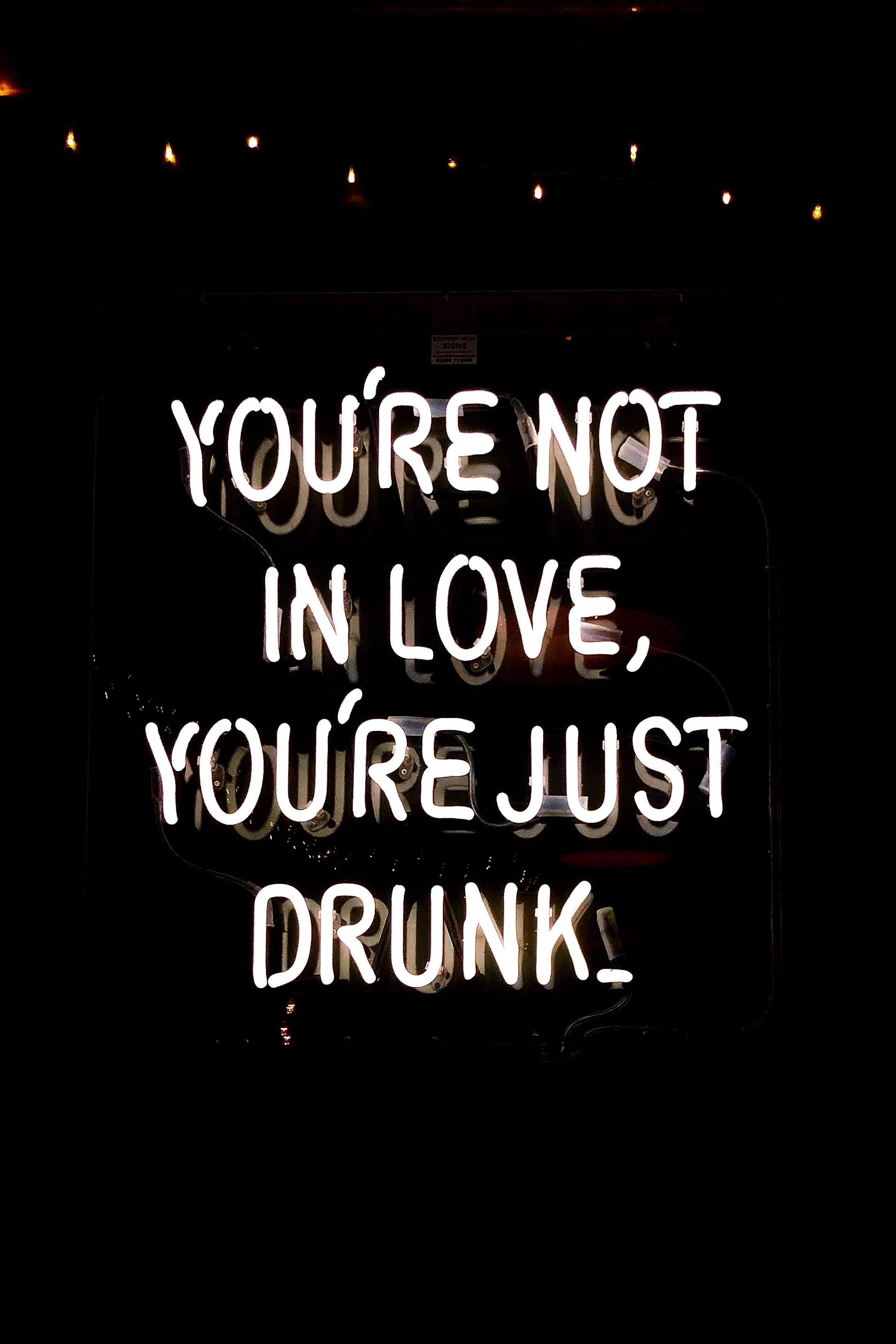 Neon sign saying You're not in love, you're just drunk; image by Rachael, via Unsplash.com.