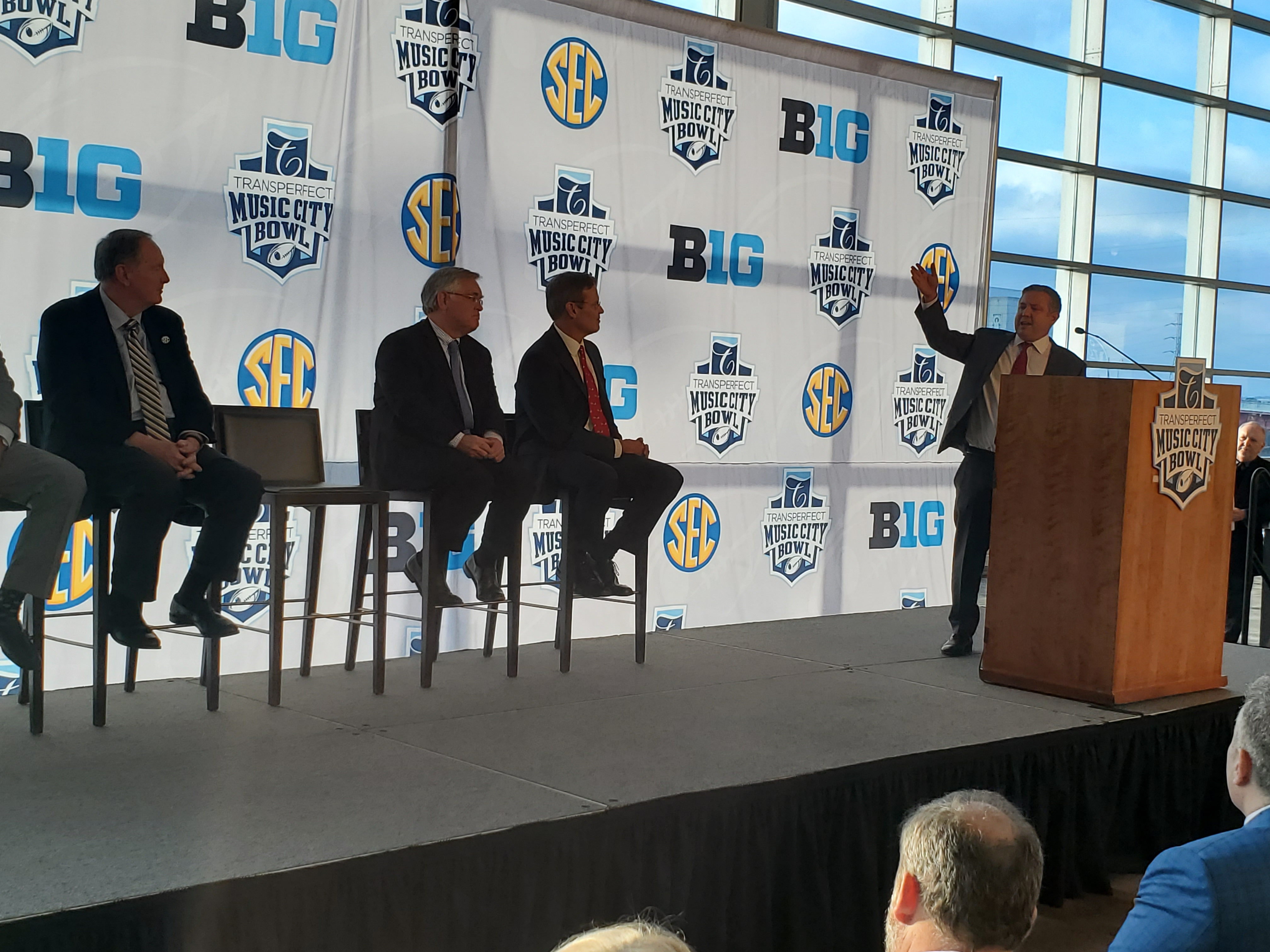 Shawe announcing TransPerfect’s 5 year sponsorship of Tennessee’s Music City Bowl game played every year December 30. Photo provided by Shawe.