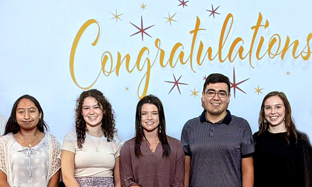 2022 Noyce Scholarship winners, from left: Sofia Montoya Ortiz, Reagan Lathem, Grace Jenkins, Jonathon Flores, and Hannah Bailey. Image courtesy of FHSU.