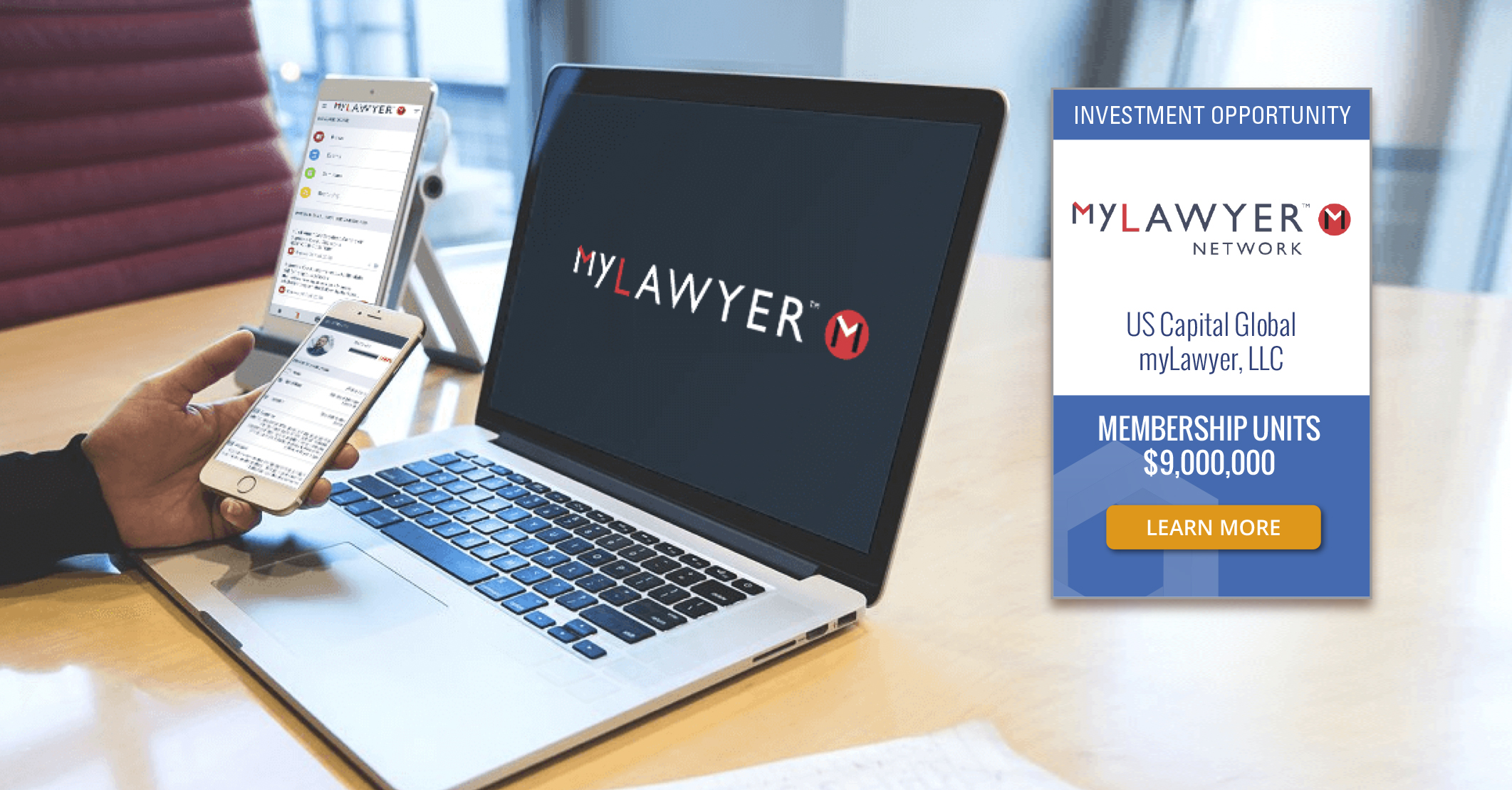 Laptop with myLawyer on screen and investment offer; image courtesy of US Capital Global Securities LLC.