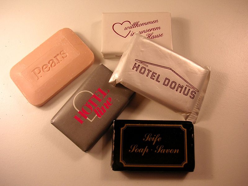 A selection of small soaps provided to guests by hotels.