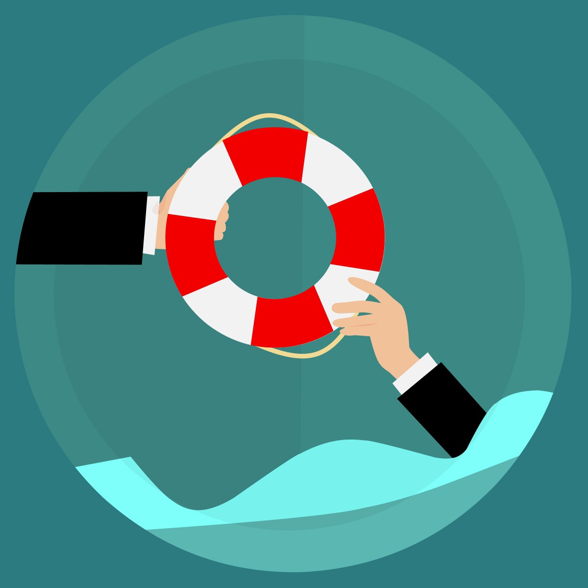 Graphic of arm in suit handing life preserver to another arm in suit that's in the water; image by Mohamed Hassan, via Pxhere.com, public domain.