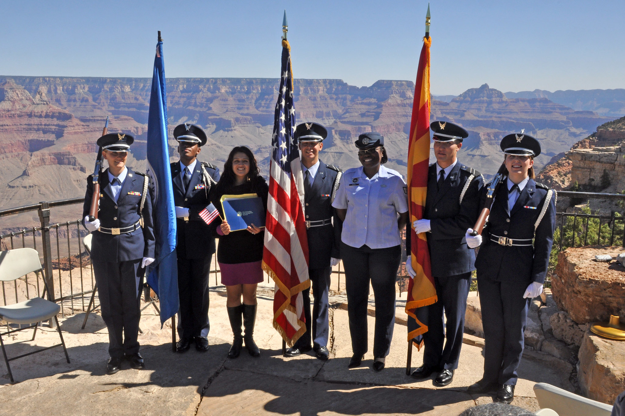 The Air Force ROTC Honor Guard of Northern Arizona University poses with a new citizen at the Grand Canyon National Park. Image by Grand Canyon National Park, via Flickr, CC BY 2.0.