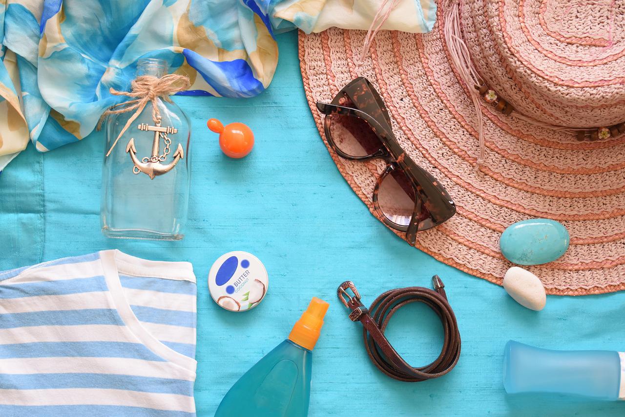 Sunglasses, sun hat, and other beach items