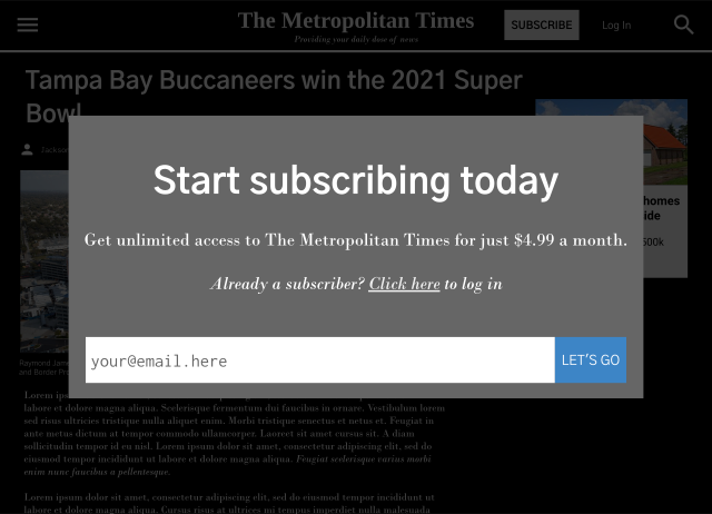 A classic popup paywall box which says "Start subscribing today".