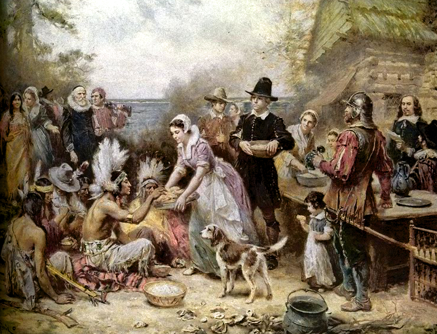 Mythological setting of the first Thanksgiving, with a Pilgrim woman serving food to seated American Indians.