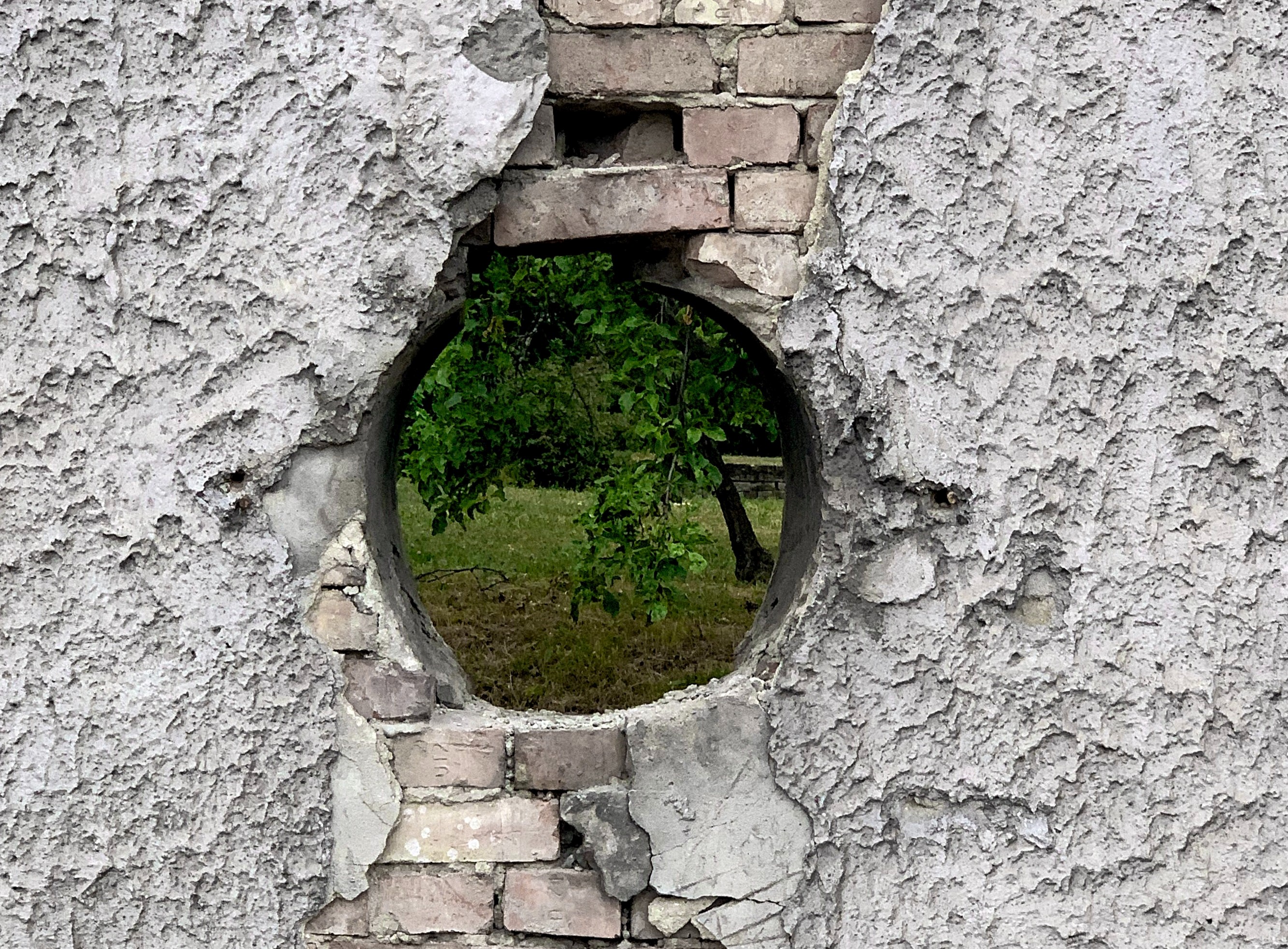 An aging, whitewashed brick and stucco wall has a hole, through which a natural green area can be seen.