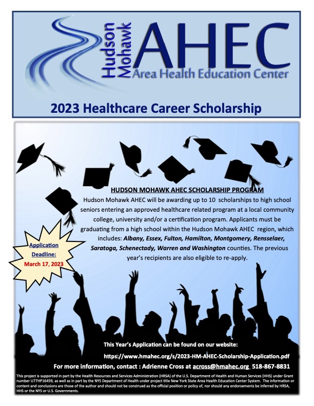 2023 Hudson Mohawk AHEC scholarship flyer courtesy of Hudson Mohawk AHEC.