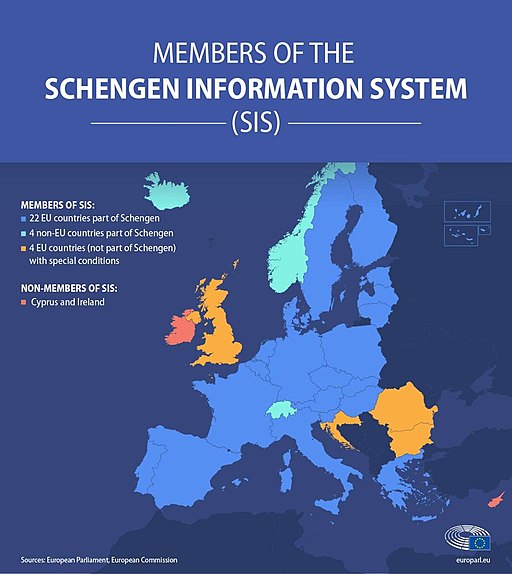 Members of the Schengen Information System; image by European Parliament and European Commission, CC BY-SA 4.0, via Wikimedia Commons..