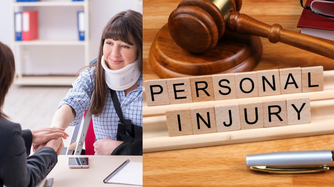 Woman in neck brace shaking woman's hand across desk (left); Personal Injury in Scrabble tiles next to gavel and pen (right); image not credited, via ImageSource.io.