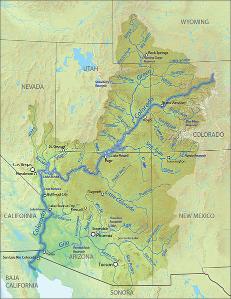 A map of several southwestern states with the Colorado River basin highlighted.