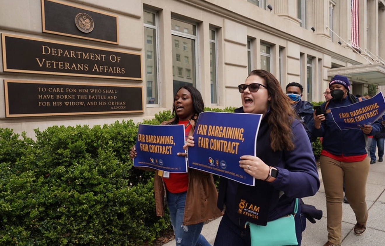 Employees carrying signs saying Fair Bargaining, Fair Contract; image courtesy AFGE.